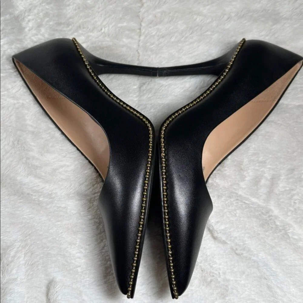 Coach Waverly Beadchain Leather Heels Black Gold Shoes - Picture 5 of 16